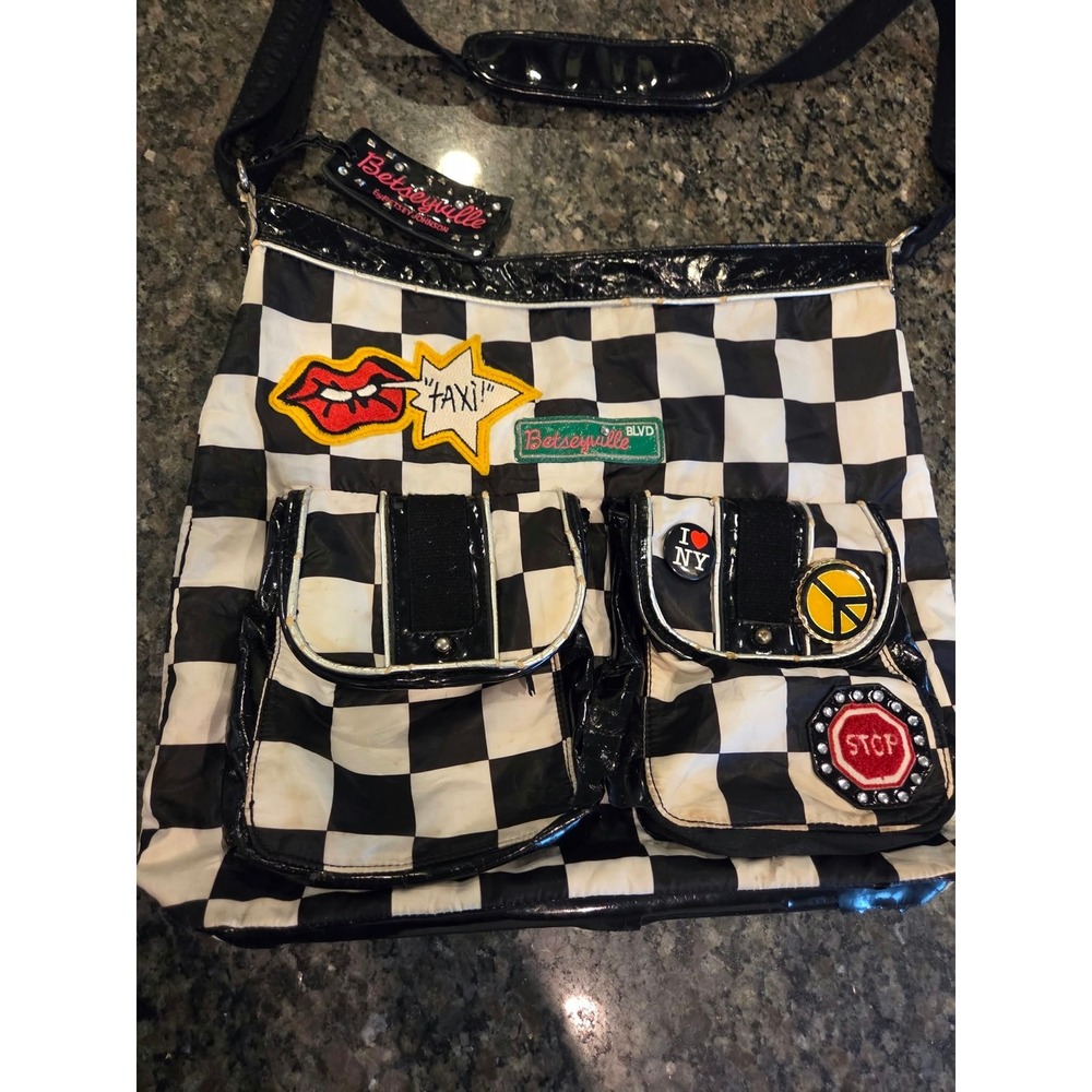 Betsey Johnson Betseyville Messenger Bag Black White Check Patches Crossbody